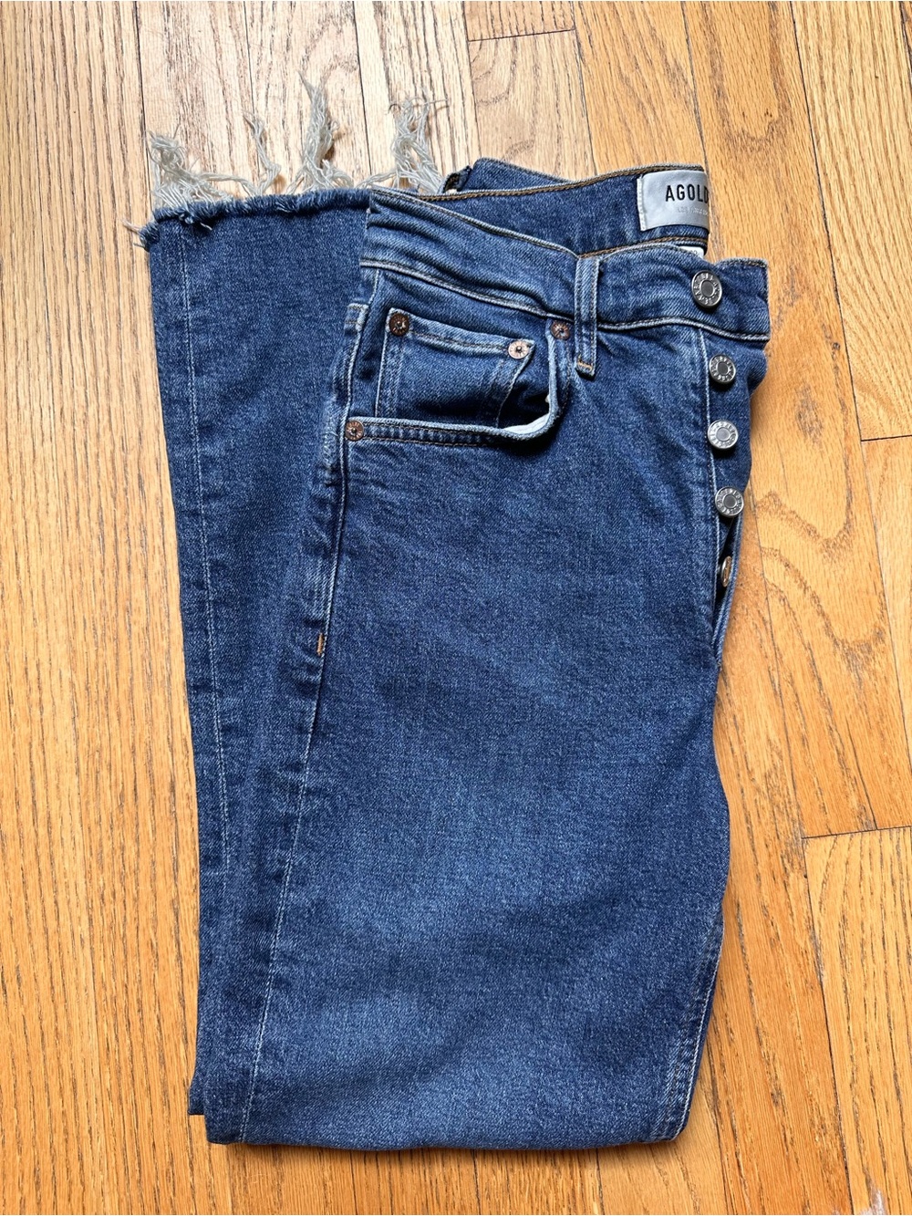 Agolde Riley Crop Dark Blue High-Rise Button-Fly Jeans with Frayed Hem